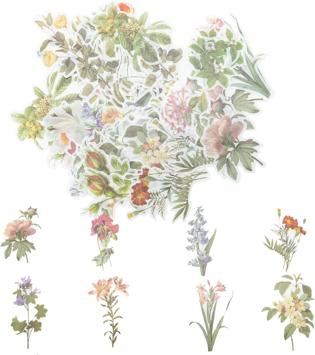 60 stuks plantenbloemen scrapbook stickerset, groot design DIY decoratieve stickers collectie voor scrapbooking, kunst, doe-het-zelf handwerk(bloeiende bloemen)