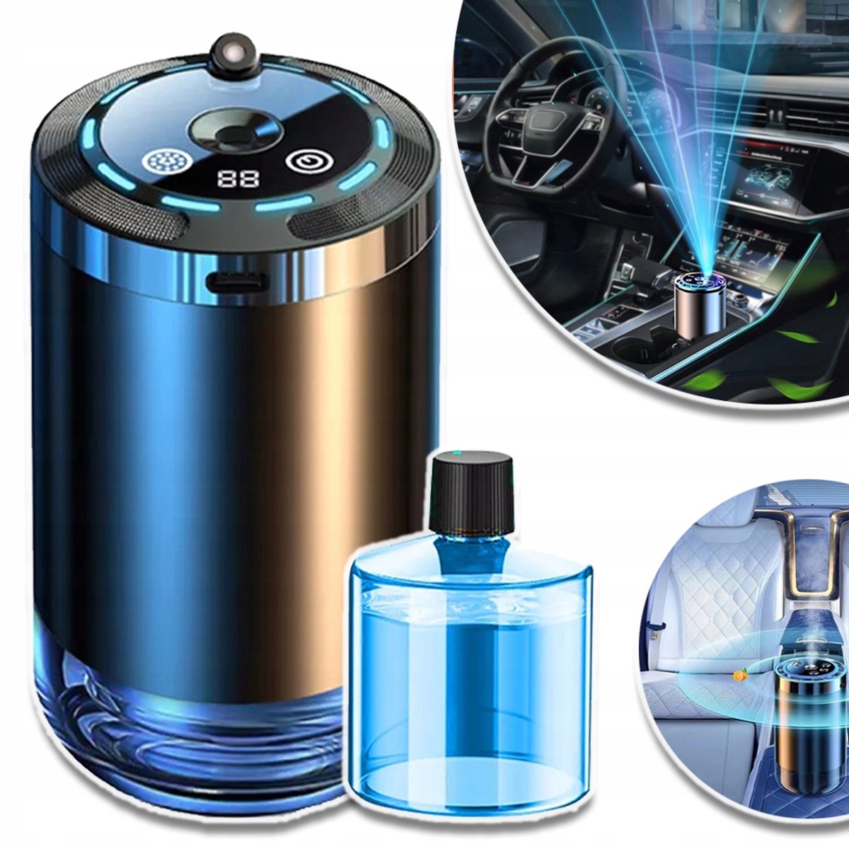 Aromatherapie-Apparaat Met 5 Standen En Sterrenhemelprojector – Ultrasone Verneveling En Automatische Start-Stop – 50 ml Blue Ocean-Geur – Voor Auto En Thuis – Zwart