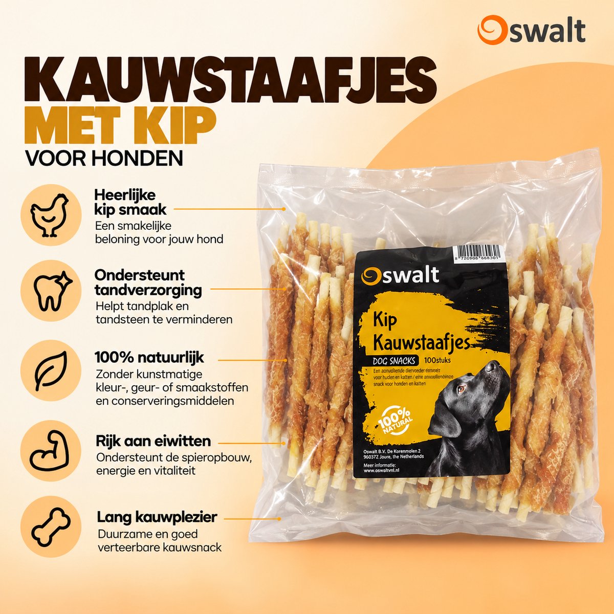 Bol.com Oswalt kauwstaafjes met kip - gedraaide sticks met kip - 950 gram - 12,5cm - hondensnack aanbieding