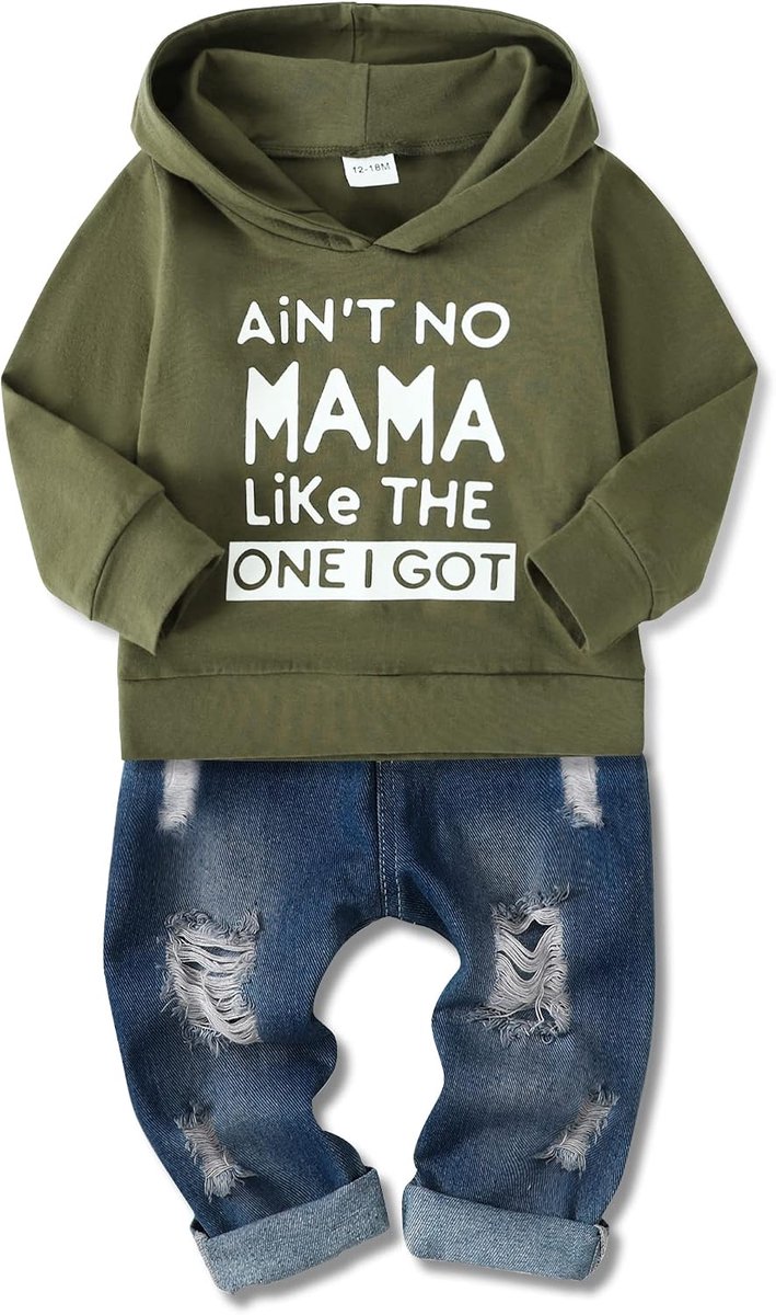 Babyoutfits voor jongens van 1-5 jaar, letterpatroon, lange mouwen met capuchon, sweatshirt en babyjeans, 2-delig