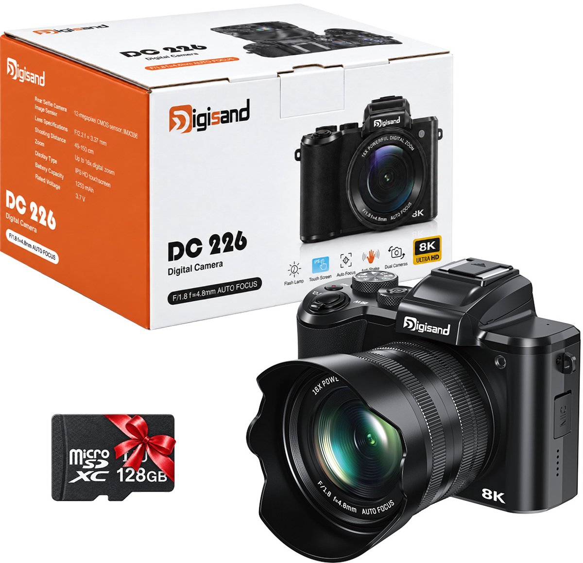 Digisand Digitale Camera 8K met WiFi– 88MP – Dubbele Lens Fotocamera – 3.2" IPS Touchscreen – Compact Camera met 16x Digitale Zoom – Vlog Camera vor Autofocus – EIS – Inclusief 128GB SD Kaart