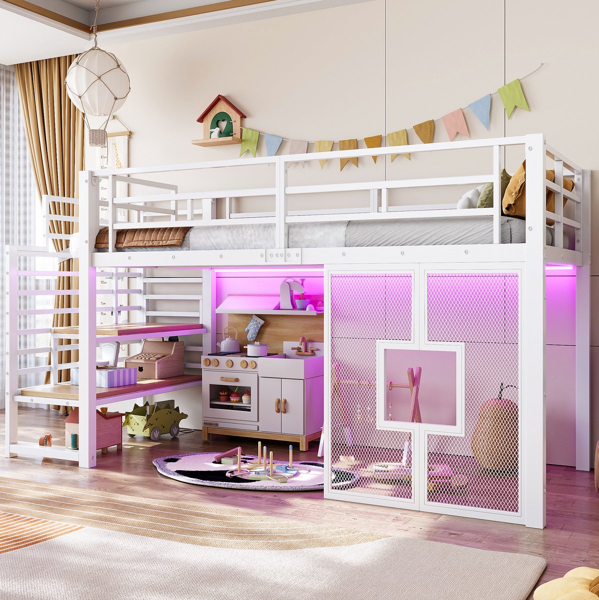 MEUNIQ Hoogslaper 90x200 cm met trap, 2 opbergvakken, LED-verlichting, raamdesign en veiligheidsrelingen voor de kinderkamer - wit