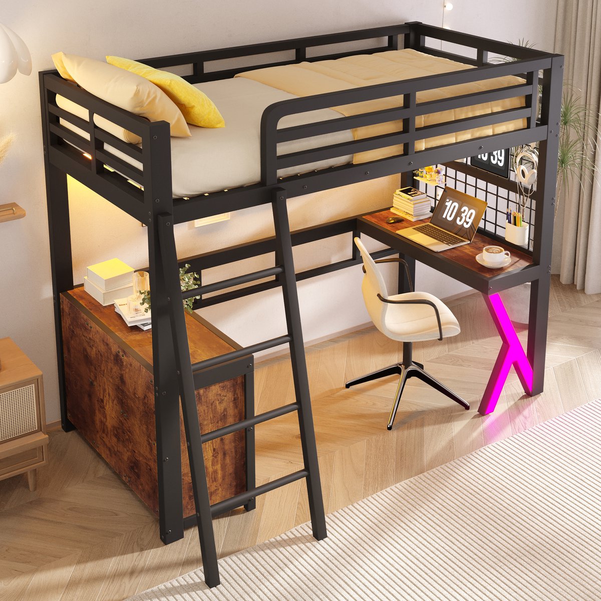 Merax Hoogslaper 90 x 200 cm - bureau - LED-verlichting - opbergkast - zonder matras - zwart