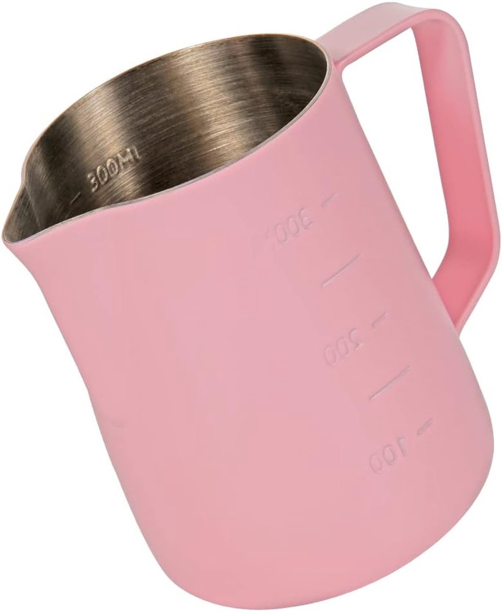 Stoomkruik 350ml, roestvrijstalen melkopschuimkruik met afmetingen, melkopschuimbeker, koffiekan, latte art, roze