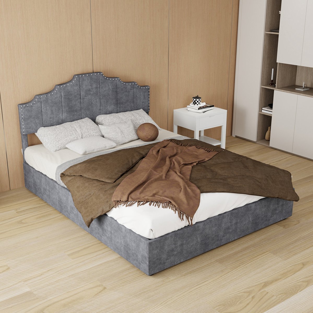 MEUNIQ Gestoffeerd tweepersoonsbed 140 x 200 cm met matras, lattenbodem, hoog hoofdbord met siernagels, grijs bedframe voor slaapkamer