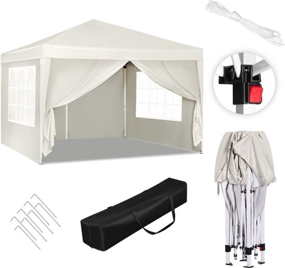 Pop-uppartytent - Tuintent - Voor op de camping - Pop-uptent voor feesten - Met 4 palen - Open zijkant - Wit