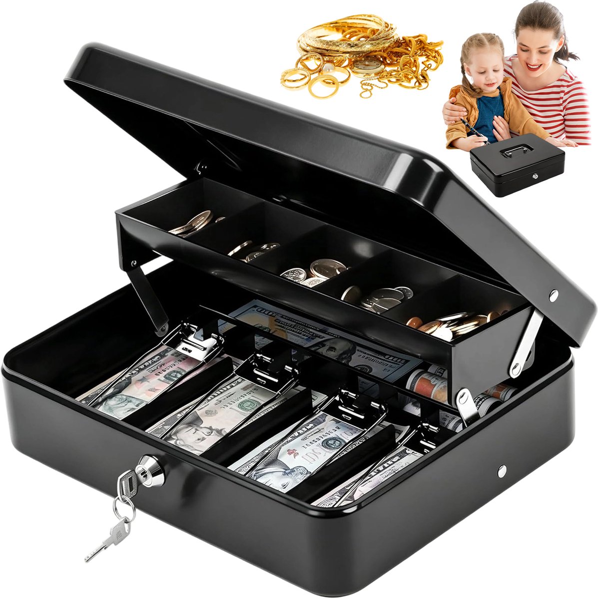 Geldkistje met Slot - Geldkluis - Geldkist met Sleutel - Geldlade - 30x24x9cm - 2 Sleutels - Muntlade & Bankbiljetklemmen - Handvat - Geldkoffer - Voor Munten & Contant Geld & Bonnetjes - Zwart