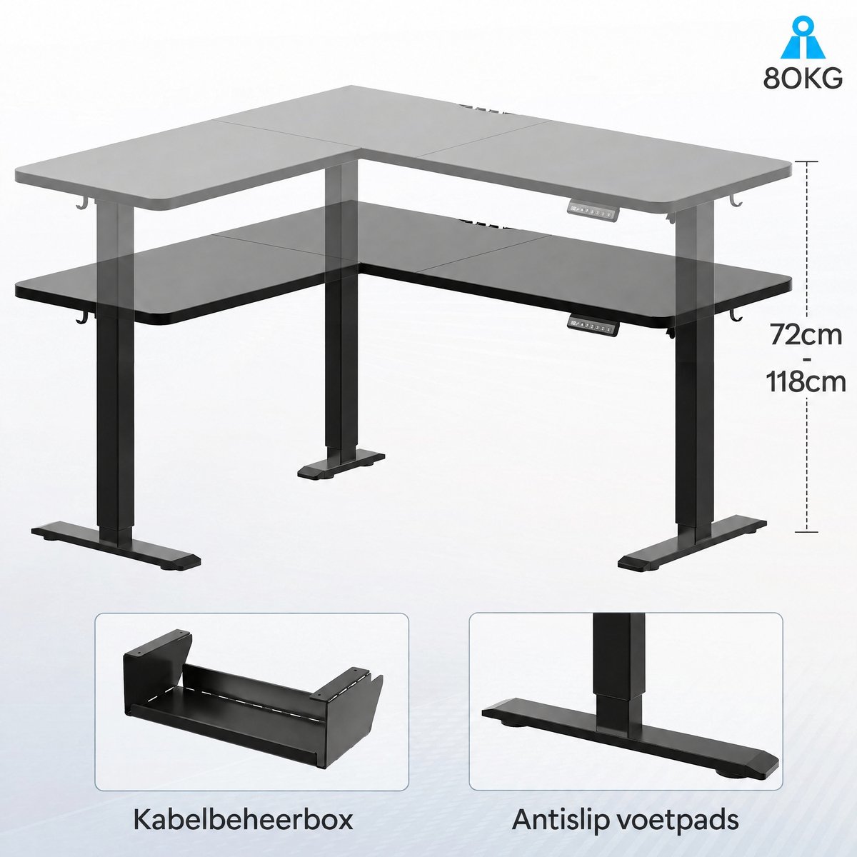 Devoko Elektrisch Verstelbaar Hoekbureau 190 × 155 cm – L-vormig Zit-Sta Bureau met 20 mm Dik Bureaublad – 100 kg Draagvermogen, 3 Geheugenstanden, USB en Kabelmanagement – Zwart thumbnail 5
