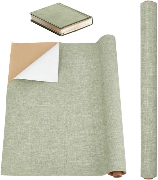 Een rol groen kaftpapier, deels afgerold om de textuur te tonen. Een gesloten groen boek ligt erboven.
