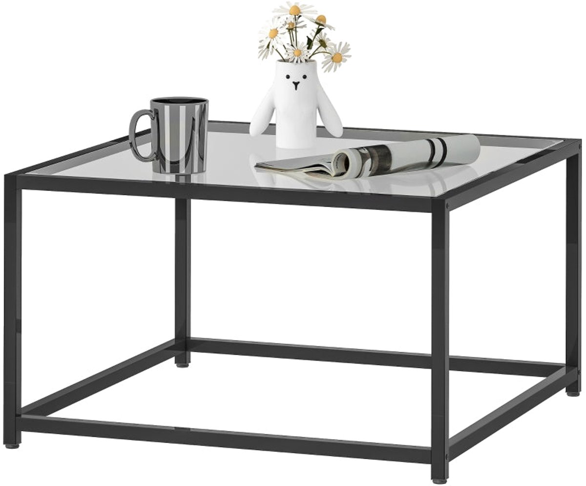 Merax Vierkante Salontafel met Gehard Glas en Stalen Frame – Industrieel Bijzettafel / Koffietafel – 68×68×39 cm – Zwart
