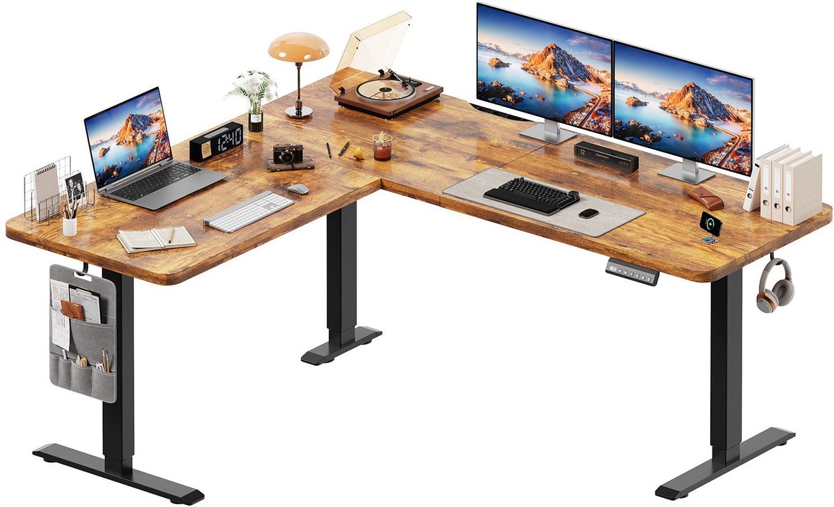 Devoko Elektrisch Verstelbaar Hoekbureau 160 × 140 cm – L-vormig Zit-Sta Bureau met 20 mm Dik Bureaublad – 100 kg Draagvermogen, 3 Geheugenstanden en Kabelmanagement – Vintagebruin