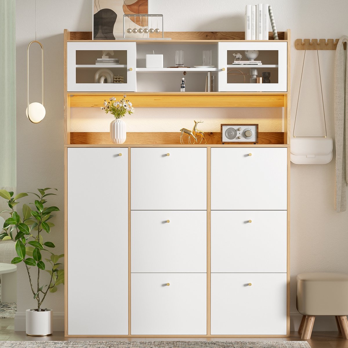 PHOEBE CAT Schoenenkast - Halmeubel - Glazen deuren - LED-verlichting - 6 vakken met klep - 130 x 25 x 180 cm - Wit + Naturel