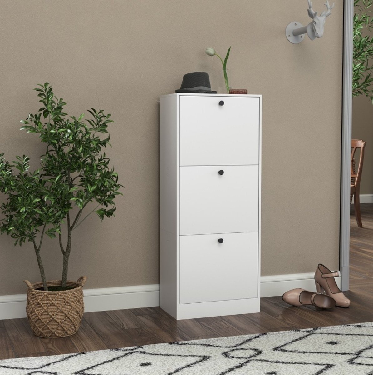 HAUSS SPOLE Schoenenkast - Drie Kleppen Met Verstelbare Planken - Voor Smalle Hal En Entree - Spaanplaat - 47x28x115 Cm - Wit