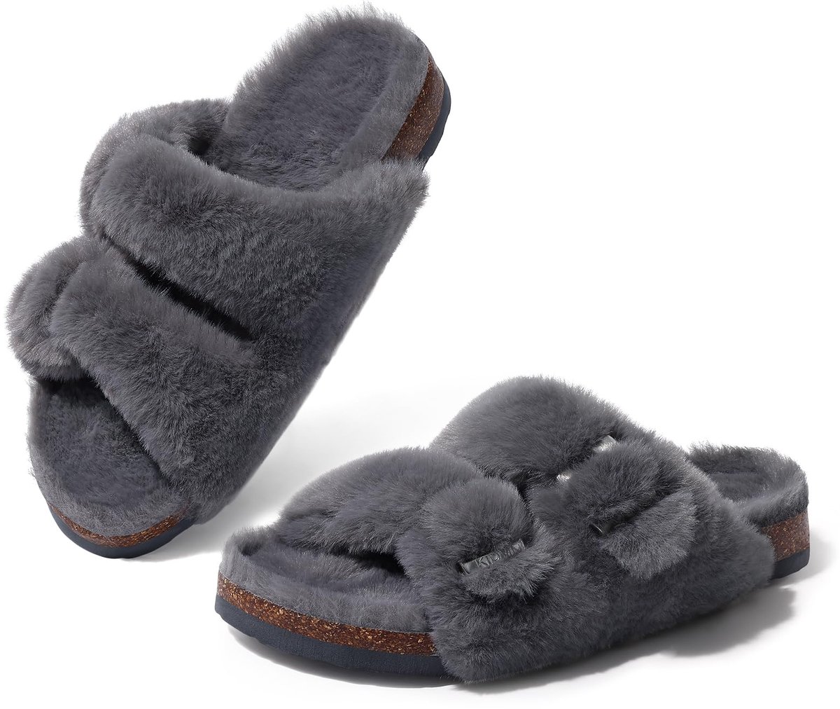 Homaxy - Dames slippers – nep konijnenvacht pluche slippers – comfortabele sloffen – kurken inlegzool – donkergrijs – 40 - Geschikt voor een voetlengte van 25.4cm