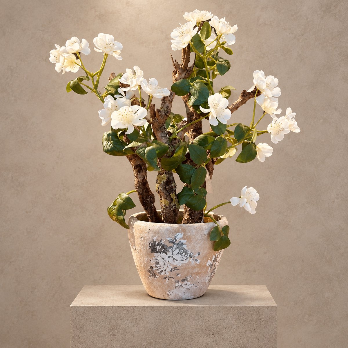 Seta Fiori Rozenboom met Witte Tuinrozen – 55 cm Hoog – Op Echt Hout – Net Echt – Exclusief Pot