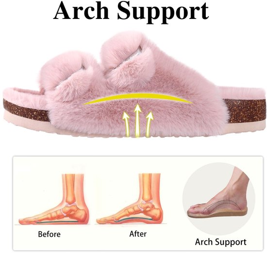 Roze slipper met diagrammen van voetboogondersteuning en de tekst 'Arch Support'.
