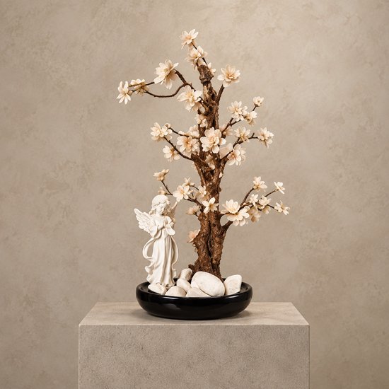 Arbre décoratif fleuri artificiel avec un petit ange blanc et des pierres blanches dans un pot noir.