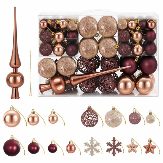 Overzicht van 111 kerstversieringen in champagne en bruin, inclusief glanzende, matte en glitterende afwerkingen.