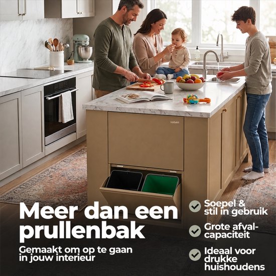 Familie geniet van keuken met ingebouwde Veehaus afvalscheidingssysteem.