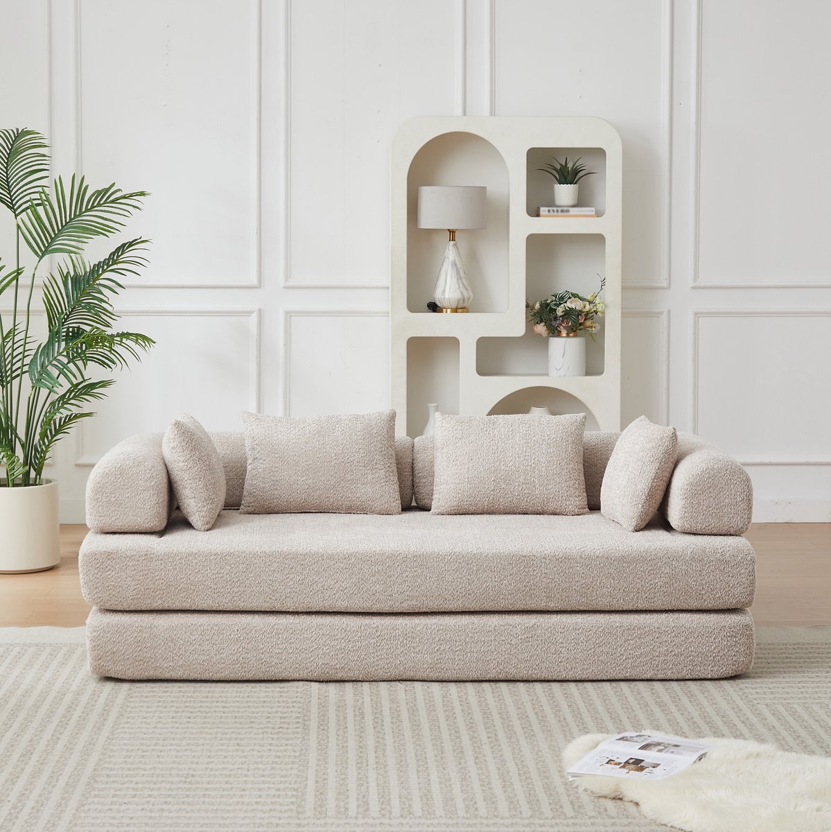 REDOM Slaapbank - 4-in-1 modulair ontwerp - Verstelbare rugleuning - Slaapfunctie - Chenille - Khaki - 200 x 95 x 68 cm