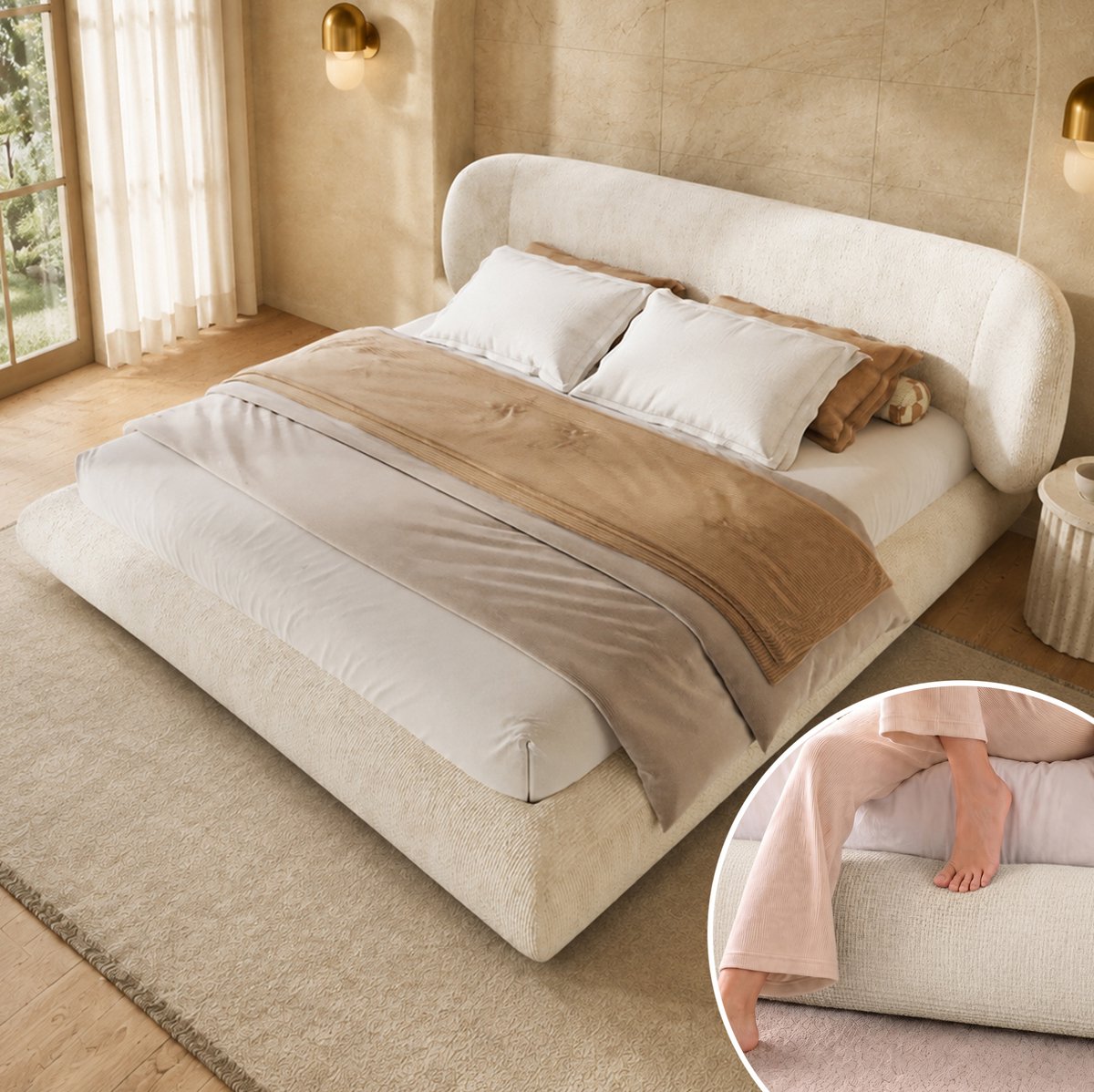 REDOM Tweepersoonsbed - Chenille bekleding - Hoofdbord en lattenbodem - Houten en metalen frame - Beige - 180 x 200 cm