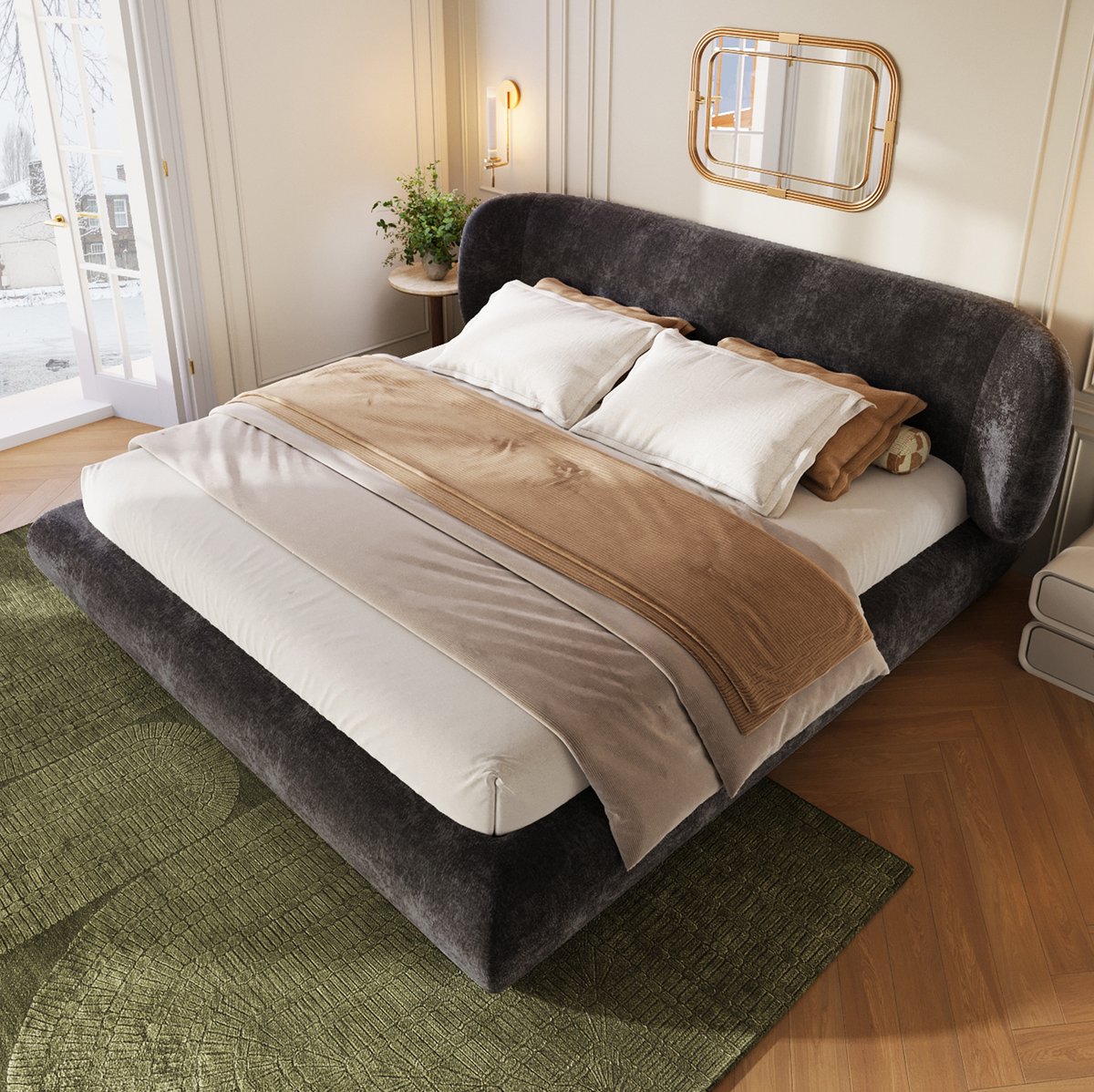REDOM Gestoffeerd tweepersoonsbed - Chenille bekleding - Lattenbodem en hoofdeinde - Houten en metalen frame - Grijs - 180 x 200 cm