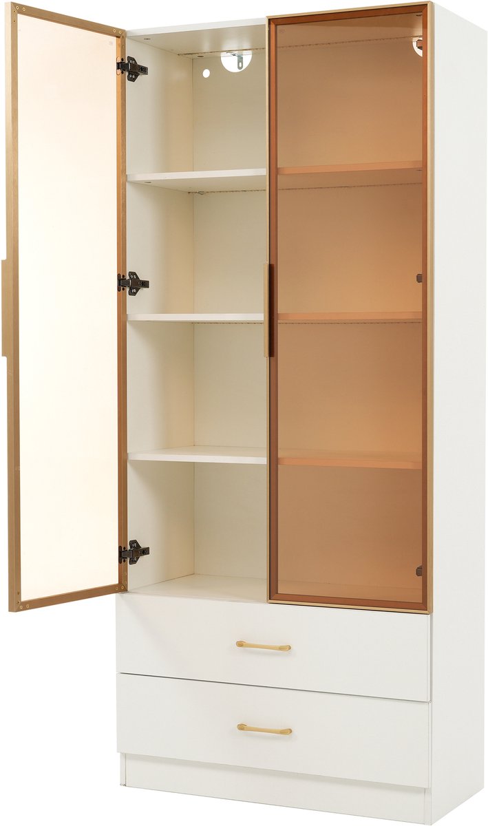 Hoge Witte Badkamerkast 75 Cm Breed - Met 2 Deuren En Glazen Deuren - 2 Grote Lades - MDF - Voor Handdoeken En Badkamerartikelen