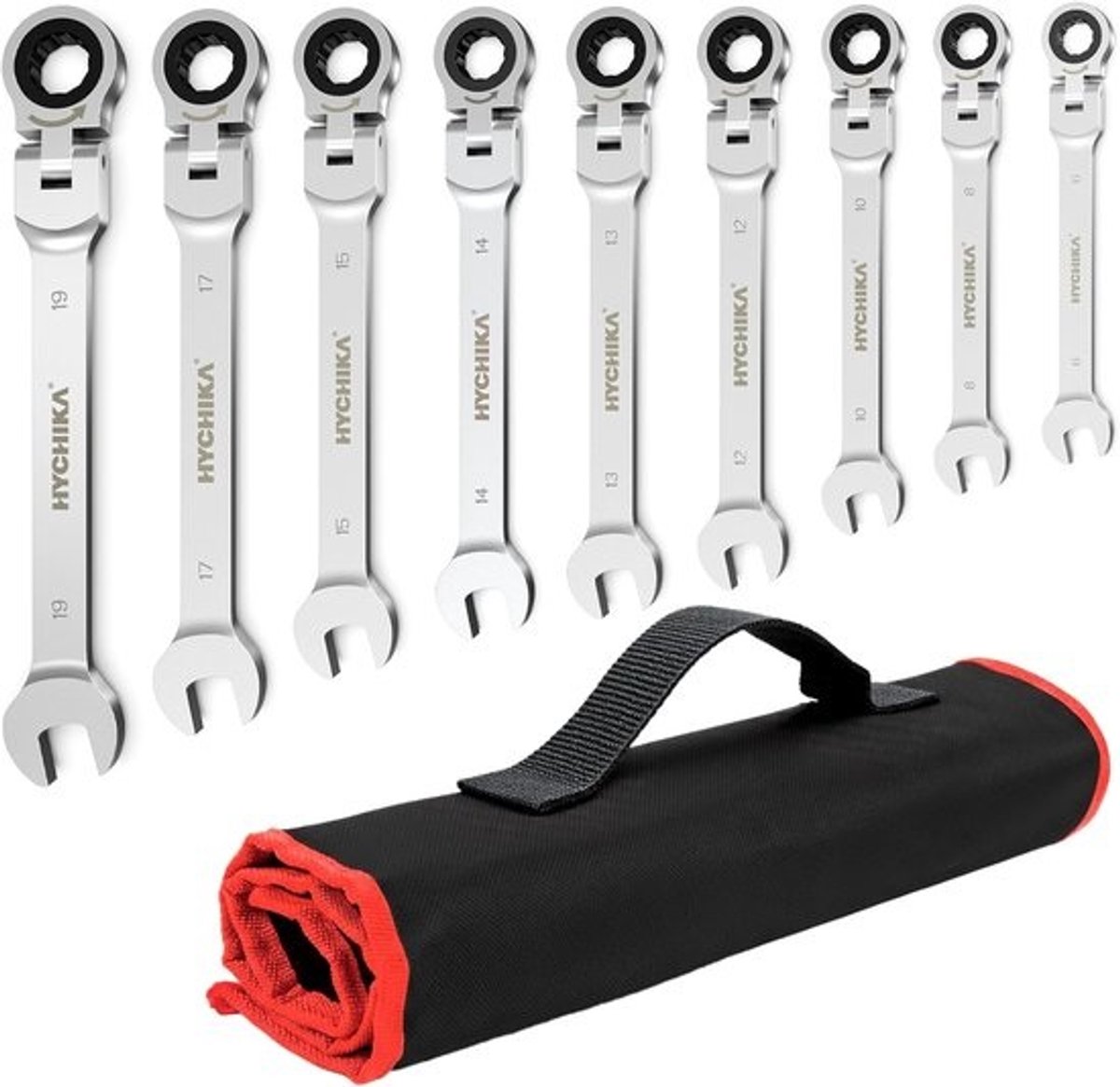 Flexibele Steeksleutelset 9-delig - Ratelsleutelset 6-19 mm met flexibele kop voor auto en industrie