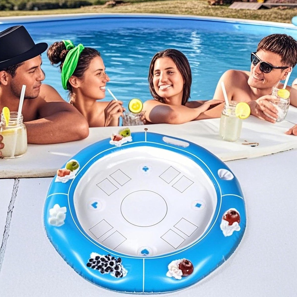 Drijvende speeltafel, 99 cm opblaasbare ronde pvc-tafel, geïntegreerde bekerhouder, speelkaarten inbegrepen, thuiszwembad, hotelwaterpark, ontspanning in zee