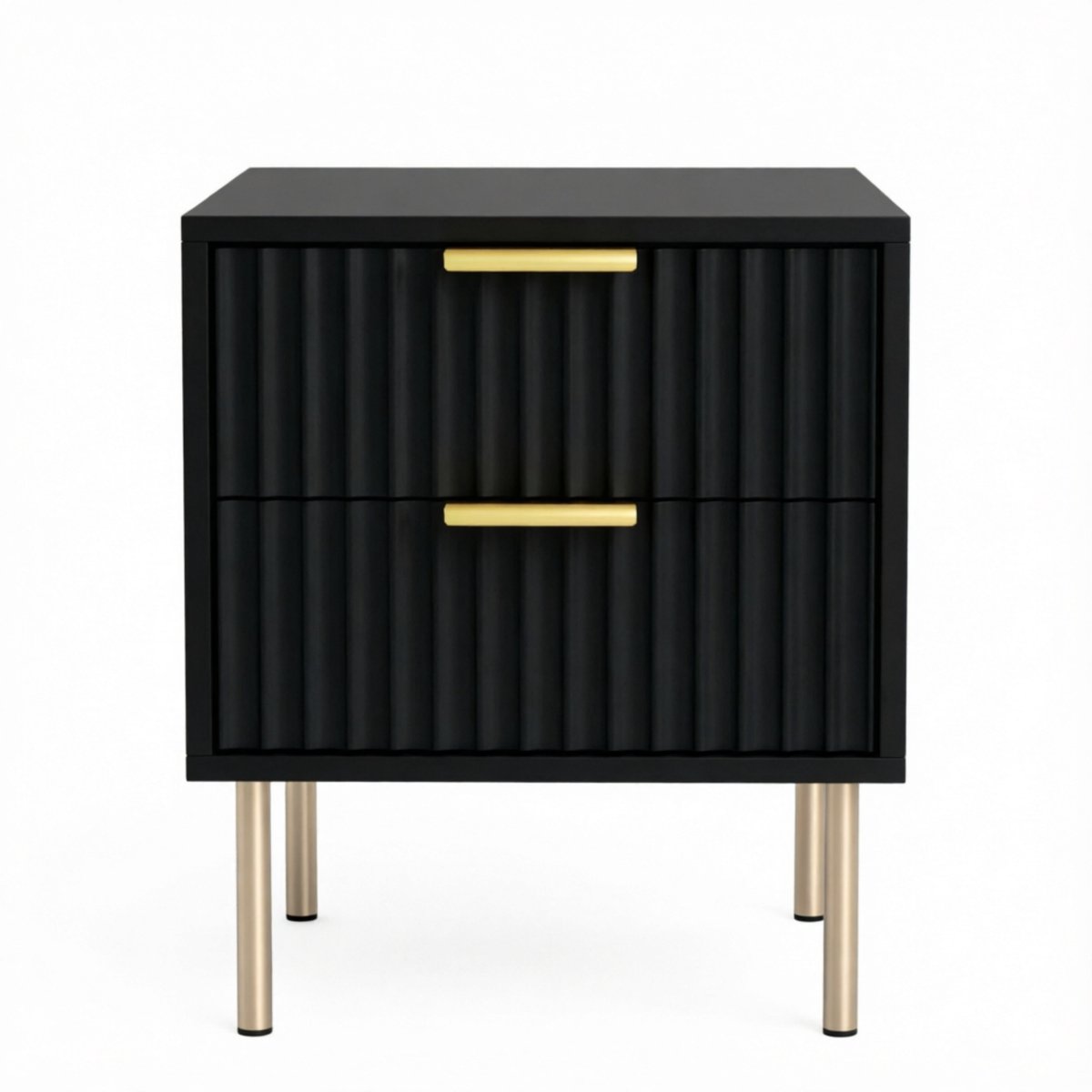 Ropilly Zwart Nachtkastje met 2 Lades - Geribbeld Design met Gouden Handgrepen - MDF en Stalen Poten - Bijzettafel voor Slaapkamer en Woonkamer - 40x39x48 cm