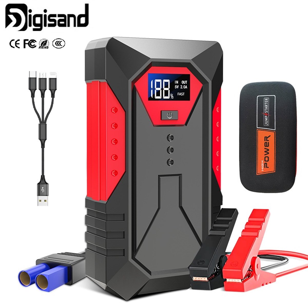 Digisand Jumpstarter Voor Auto-12V 4-in-1 - 2000A / 8000 mAh Powerbank - Startkabels - Jumpstarters - 18W USB-C Snellader - LED Zaklamp - SOS Noodlicht - Noodpakket - Alle Voertuigen - Inclusief Opberghoes