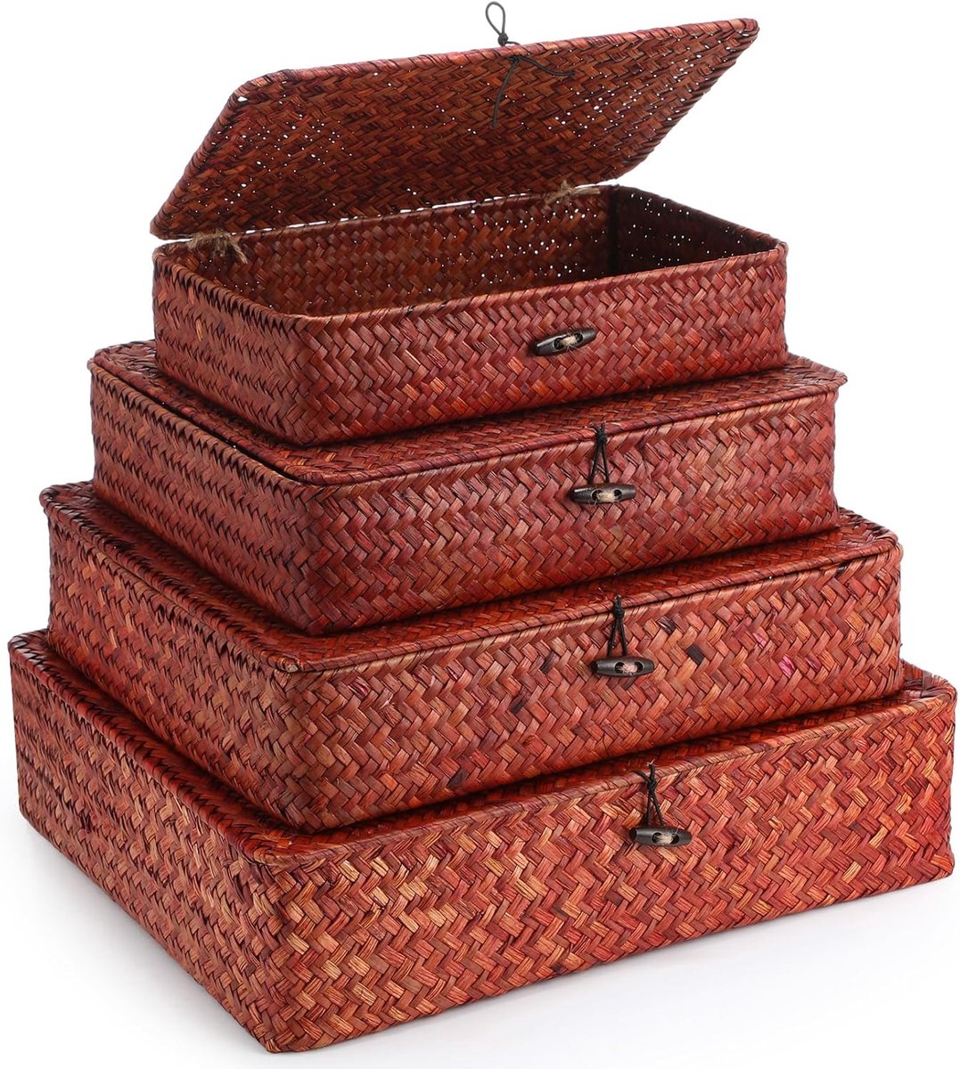Set van 4 zeegras mand met deksel rieten opbergmand decoratieve opbergdozen met deksels platte opbergbakken geweven organizer manden voor plank kast slaapkamer, 4 maten (retro rood)
