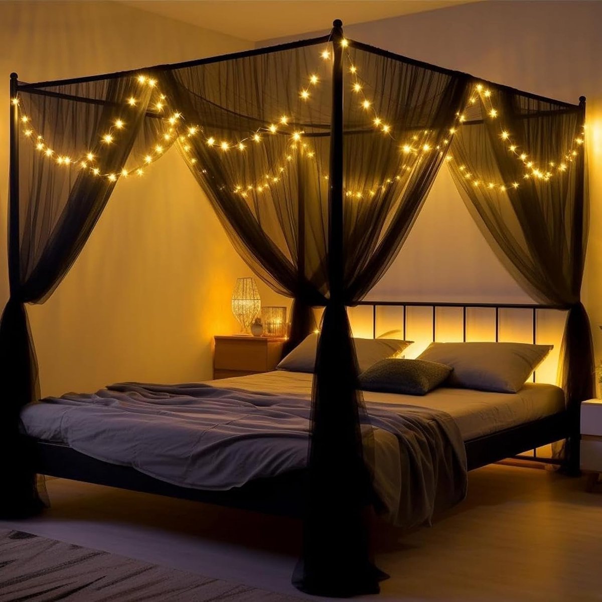 Bed Luifel met 76ft LED Star String Lights voor Tweepersoonsbed, Zwart Netting Vier Hoek Post Gordijnen Bed Drape Elegante Klamboe
