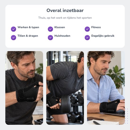 Collage van mannen met duimbrace: thuis, aan het sporten met dumbbells, en aan het werk op een laptop.