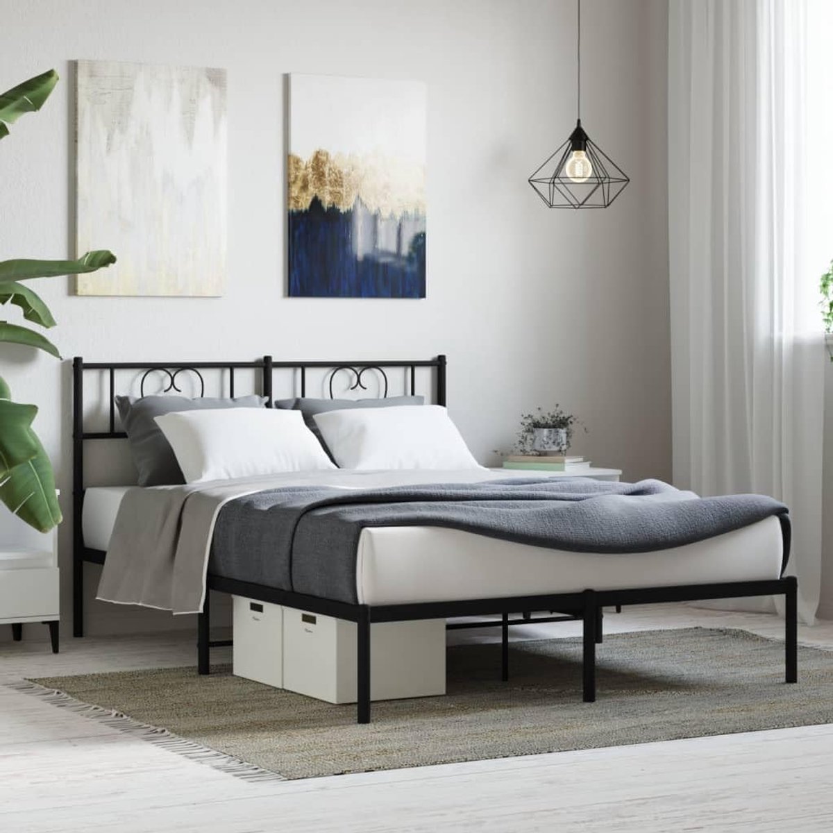 Bedframe met hoofdeinde, metaal, zwart, 150 x 200 cm, bedframe voor woonkamer, slaapkamer, hotelbedframe, geschikt voor slaapkamer