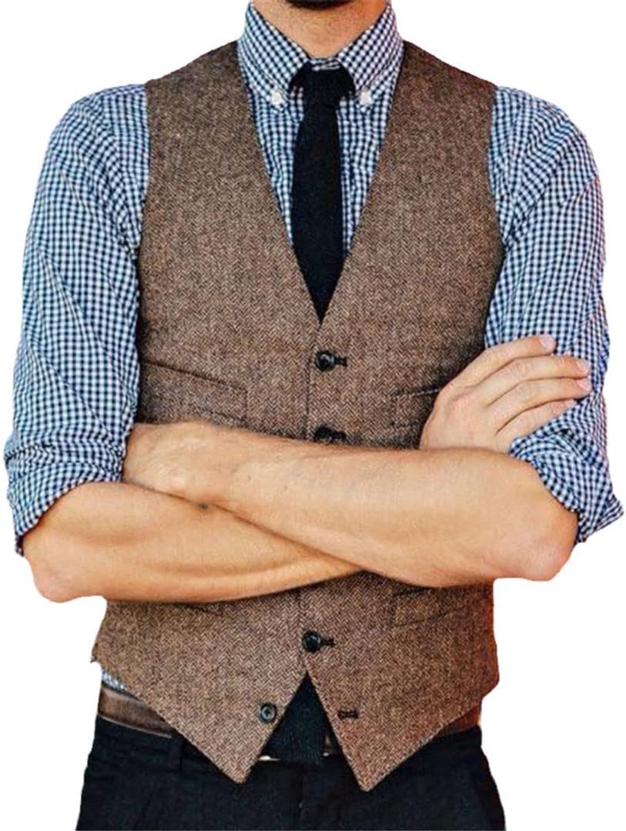 Heren pak vest bruiloft vest V-hals Vintage Steampunk gilet, Bruin, XL