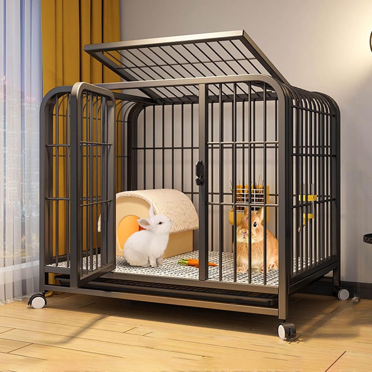 Hondenren Met Grote Uitschuifbare Laden, Draagbare Metalen Draadomheining, Kattenren,78 * 54 * 70cm-black
