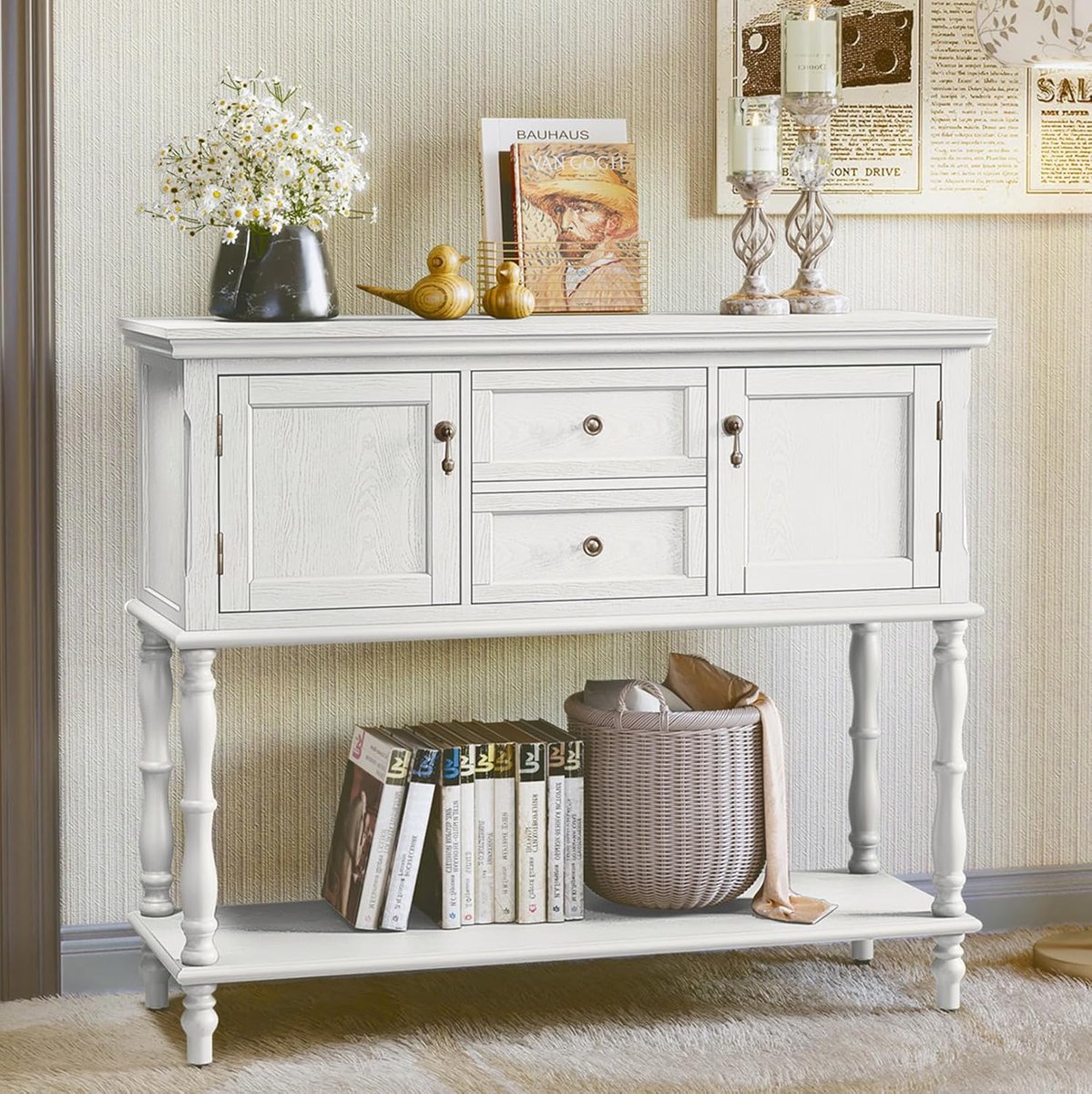 Consoletafel met laden en opbergkast, hout, wit, consoletafel, smal met lade, consoletafel voor woonkamer, entree, hal, slaapkamer