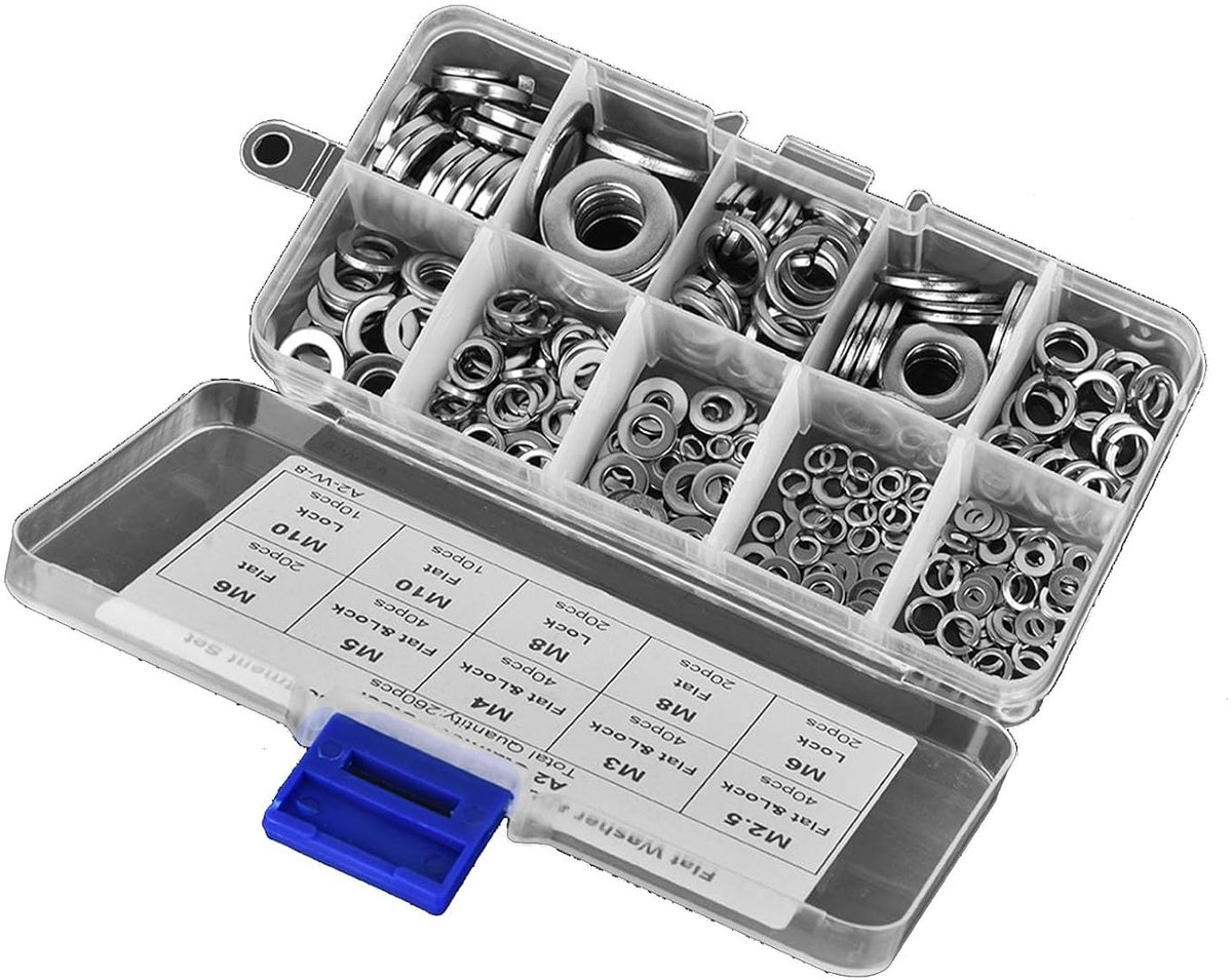 Platte Sluitring Veerring Assortiment Set M2.5 M3 M4 M5 M6 M8 M10, 260 Stuks met Eenvoudige Installatie voor Industrieel en Bouwgebruik