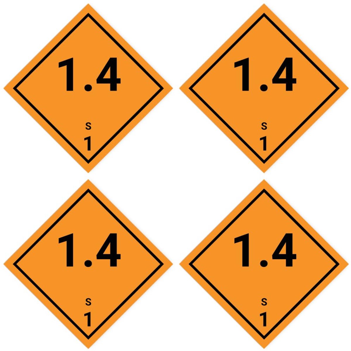 100 x 100 mm, 4 stuks - gevarenetiketten - gevaarlijke stoffen klasse - categorie 1.4 - compatibiliteitsgroep S - explosieve stoffen - ADR/GHS/DGR/UN veiligheidspictogram