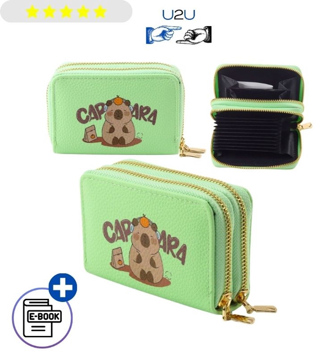 Groene Capybara Portemonnee met 2 Vakken, Dubbele Rits, Kaartenhouder & Muntgeldhouder. Compacte Kinderportemonnee voor Dames & Heren, voor Pasjes, Briefgeld en Munten. Schattig Design, Opvouwbaar & Inclusief Ebook.