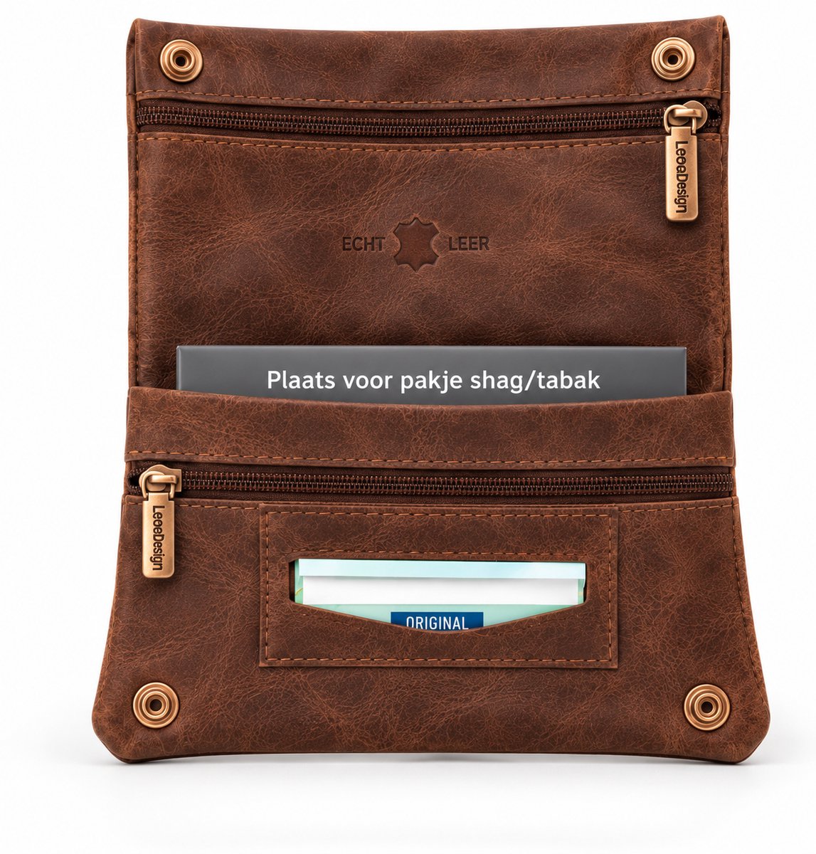 LeonDesign - Shag Etui - Tabak Etui - Shag etui leer - Duurzaam - Shag Etui vintage bruin – Echt Leer – Tabak Etui met 2 Ritsvakjes en Drukknoopsluiting – 16,5 × 9 × 1 cm