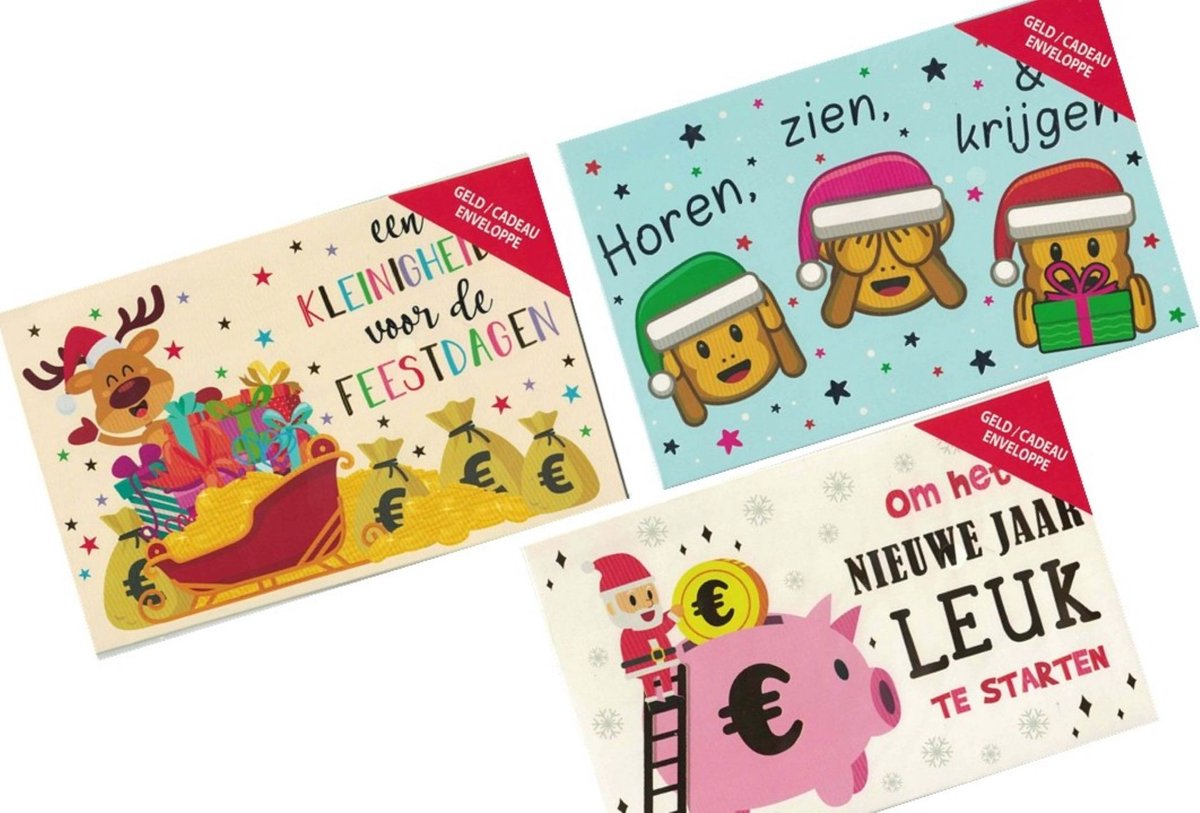 3 Geschenk enveloppen -Geld kado enveloppen - set van 3 - Kerst - kerst humor - Feestdagen - kerstpakket - Fijne dagen - Gelukkig Nieuwjaar - cadeau kaart envelop - cadeau kaart verpakking - cadeau envelop - kado enveloppen