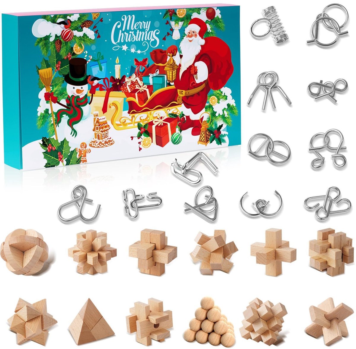 Brain Teaser Adventskalender 2026 - Kerst aftelkalender met 12 metalen en 12 houten 3D‑ontgrendelpuzzels - geschikt voor kinderen en volwassenen