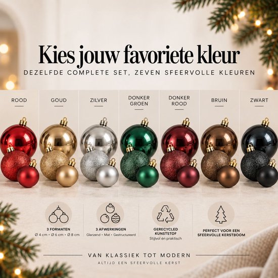 Overzicht van zeven kleuren kerstballensets met drie formaten en afwerkingen, van klassiek tot modern.