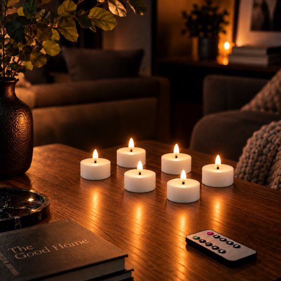 Aurae Oplaadbare Waxinelichtjes 6x - Theelichtjes Oplaadbaar - 30+ Branduren - Led Kaarsen met Afstandsbediening - Flikkerende Vlam - met Lader - Kerst Kaarsen — cadeau in Wonen & Interieur - foto 6
