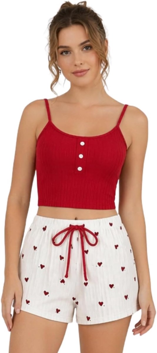 Zomerpyjamaset voor dames, met jarretelgordel, pyjamaset, mouwloos, comfortabele tanktop met shorts, liefdesprint, tweedelige nachtkleding, spaghetti