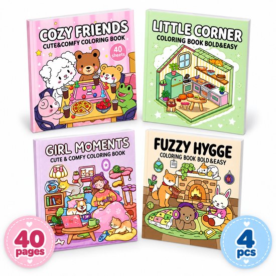 Vier kinder kleurboeken: Cozy Friends, Little Corner, Girl Moments en Fuzzy Hygge. Elk met 40 pagina's.