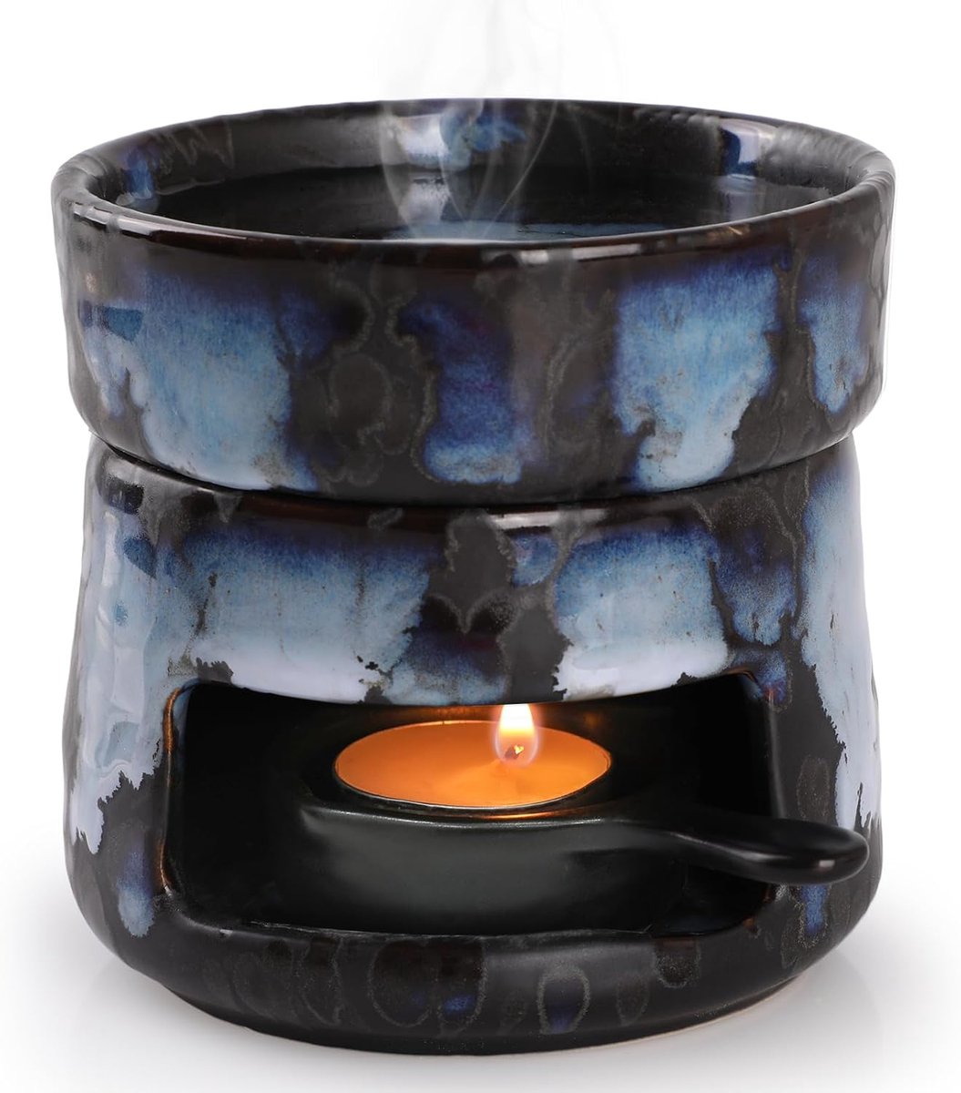 Wax Melt Brander Keramische Oliebrander Geurverspreider Wax Essentiële Olie Brander Aromatherapie met Theelichthouder Thuis Slaapkamer Decor, Oven transformatie Zwart