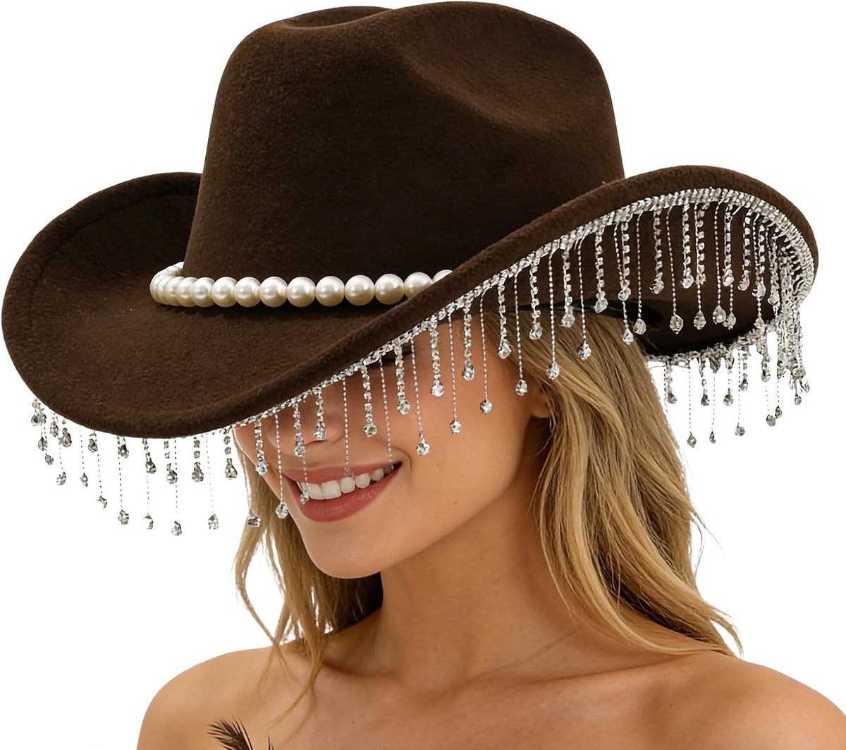 Cowboyhoed voor heren, extravagant hoofddeksel met brede rand, westernhoeden voor heren met strass-kwastjes, voor bruiloften, vakantiefeesten, cosplay, fotoshoots en voor volwassenen en meisjes